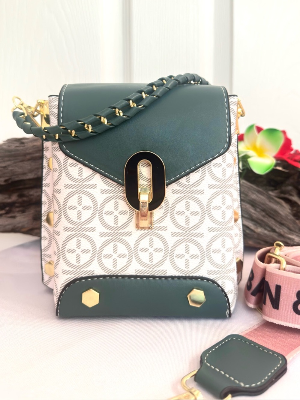FASHION BAG ~ Green, Off White Pink Patterned Crossbody Bag w/Gold Chain Handle - Picture 6 of 14